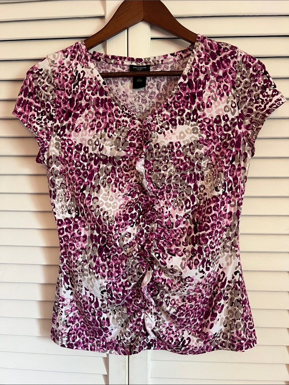 Ann Taylor Pink Leopard Ruffle Front Tee
